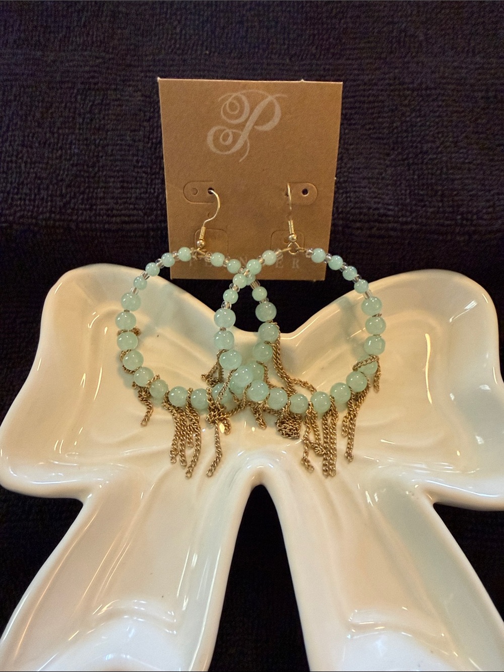 Plunder Pistachio Beaded Hoop Earrings with Gold Chain Fringe
